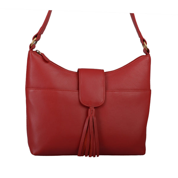 Red leather hand bag with tassel