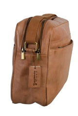 Zip top leather laptop bag tan