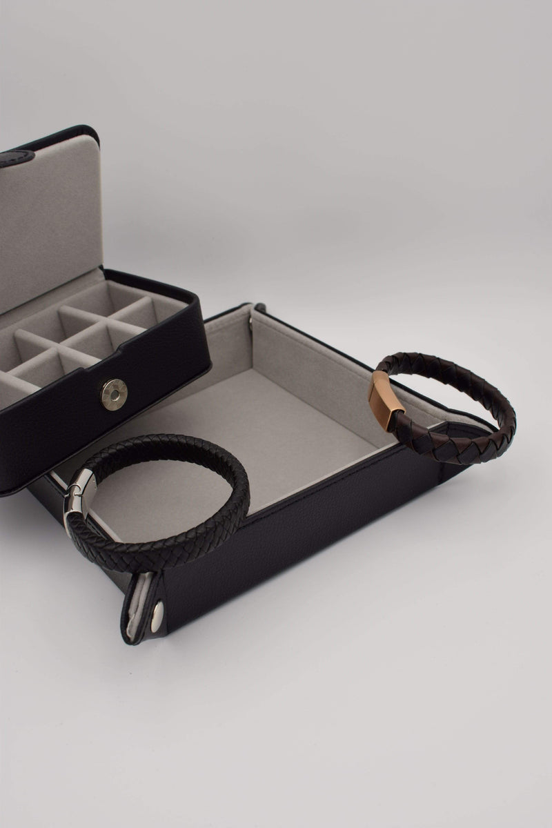 man's bracelet, leather bracelet, brown bracelet, coin tray, cuff link box