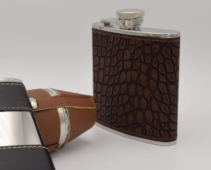 Hip flask, 5 oz, crocodile effect, brown