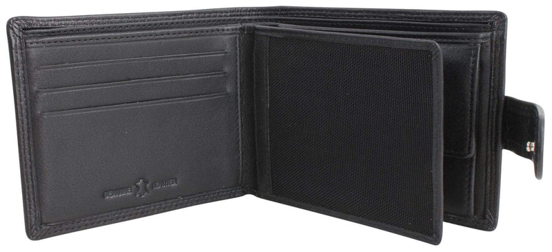 Black leather wallet with coin pouch and tab