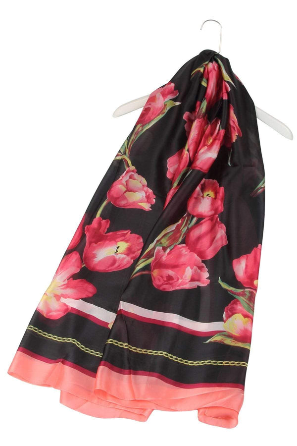 Blossom Tulip Print Silk Scarf  black