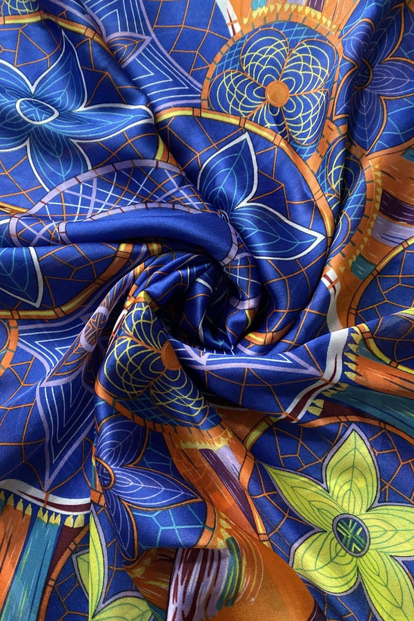 Colourful Floral Dream Catcher Silk Scarf blue