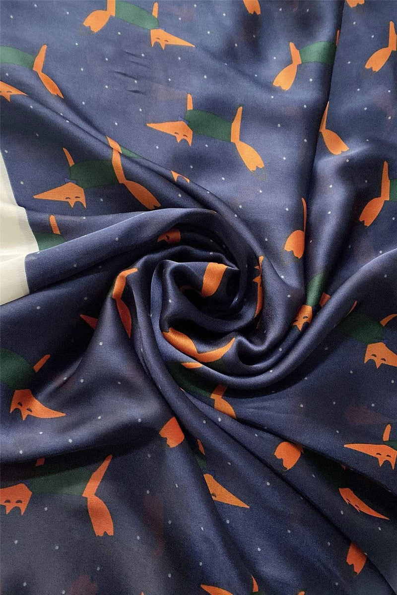 Fox Character Print Silk Scarf in Navy Blue