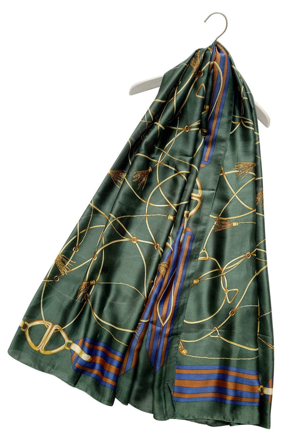 Elegant Tassel & Buckle Print Silk Scarf green