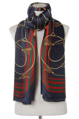 Elegant Tassel & Buckle Print Silk Scarf navy