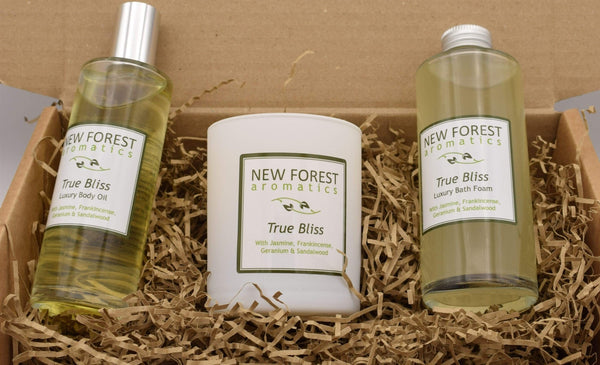 New Forest Aromatics True Bliss body oil, candle, bath foam