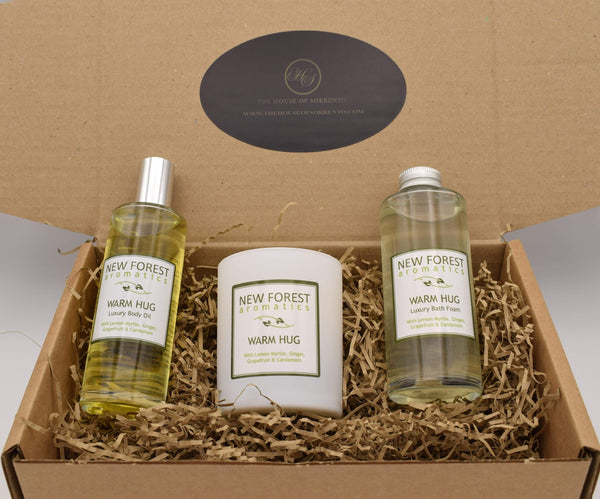 New Forest Aromatics Warm Hug body oil, candle, bath foam