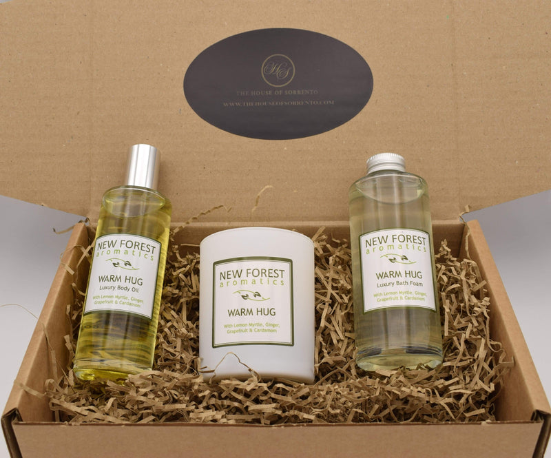 New Forest Aromatics Warm Hug body oil, candle, bath foam