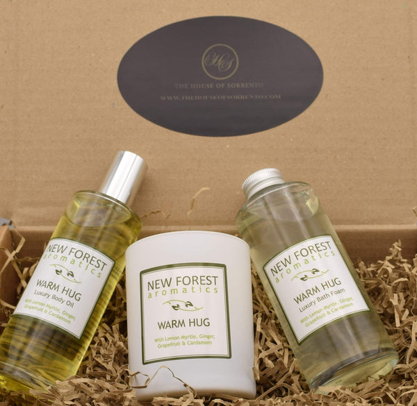 New Forest Aromatics Warm Hug body oil, candle, bath foam