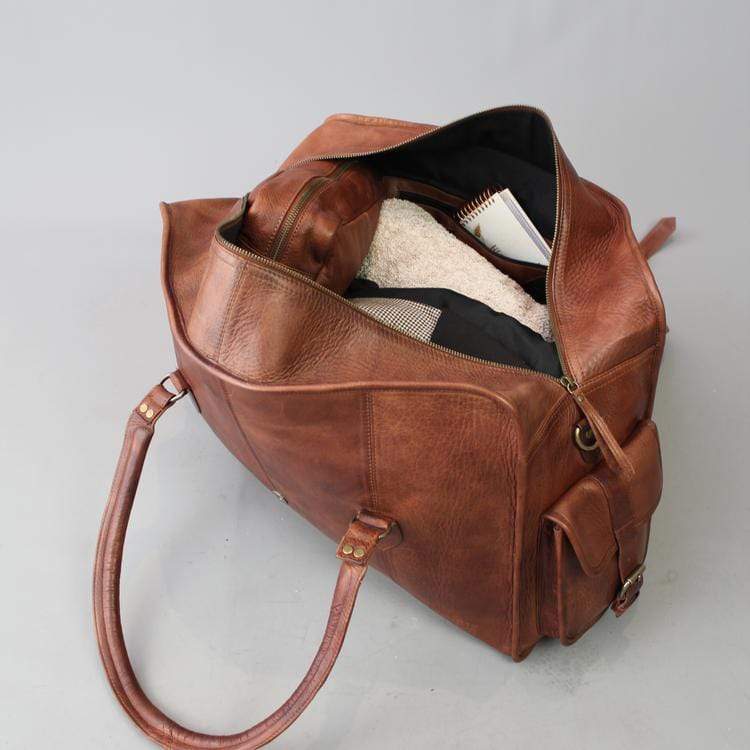 Large Leather Travel Bag with strap and side pockets