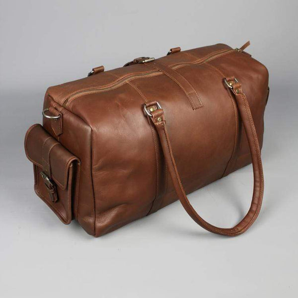 Leather holdall zip top travel bag with strap and side pockets