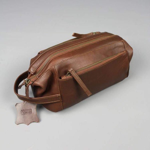 Double Zipped Leather Wash Bag